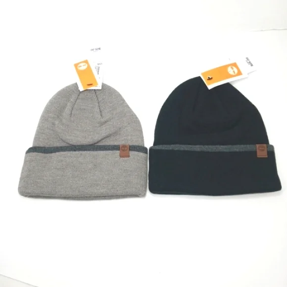 Timberland Unisex Stretch Midweight Knit Cuffed Beanie Hats x 2 Bundle NWT - Picture 1 of 9